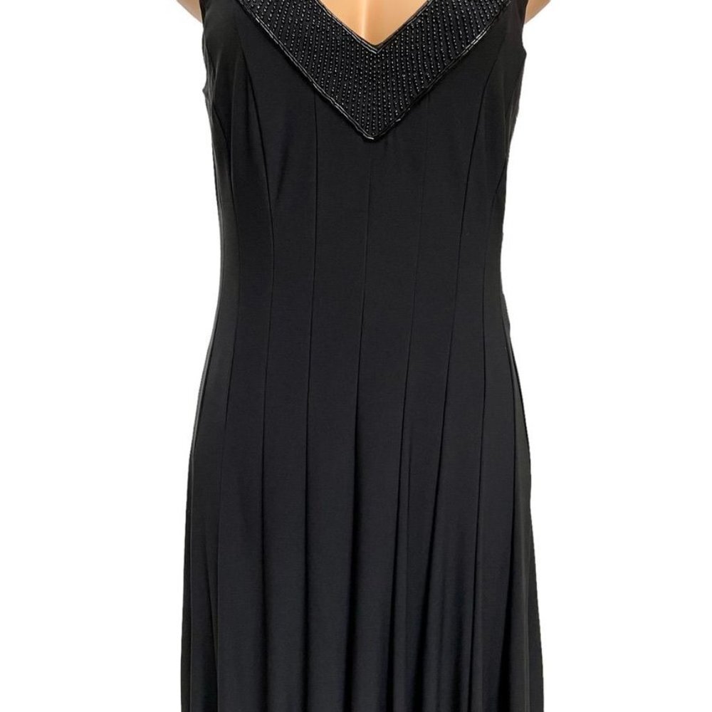 Lauren Ralph Lauren Black Beaded V Neck Pleated A Line Sleeveless Lined Dress 8 - Picture 3 of 14
